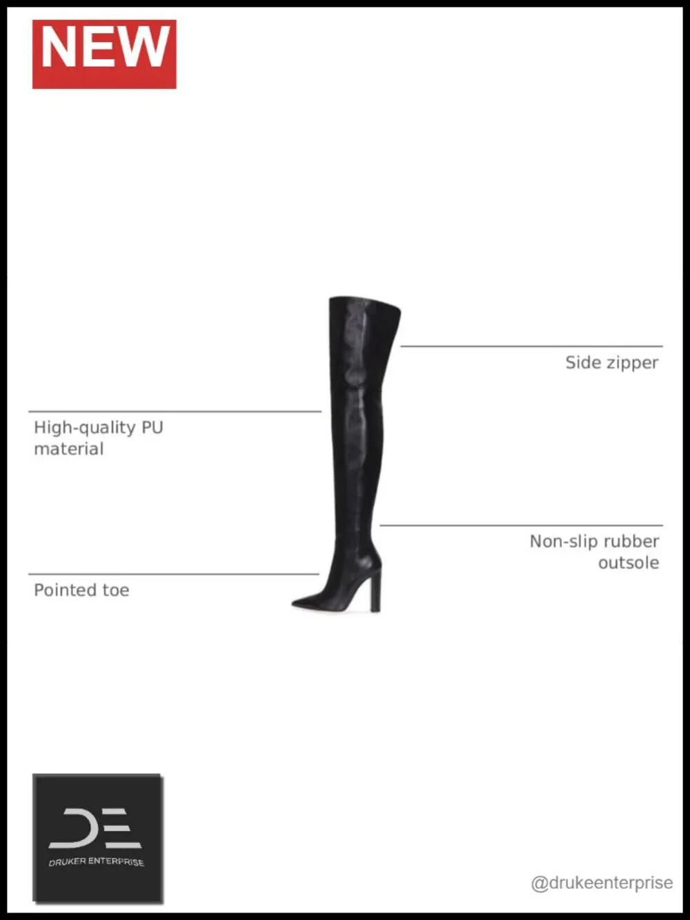Over the Knee Boots Women Chunky Heel Pointed Toe Side Zip PU